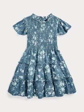 Polo by Ralph Lauren Blue Floral Smocked Cotton Jersey Dress